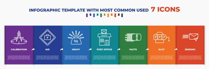 Wall Mural - infographic template with outline icons. thin line icons such as calibration, aid, heavy, post office, facts, slot, sending editable vector. can be used for web, mobile, info graph.