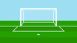 Soccer gate. Football field with goal. Stadium with goalpost and net. Pitch with green grass, white lines and penalty. Flat arena for game and sport. Vector