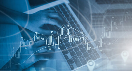 Wall Mural - concept technology with laptop. hand using laptop with forex graph hologram, concept technical analy
