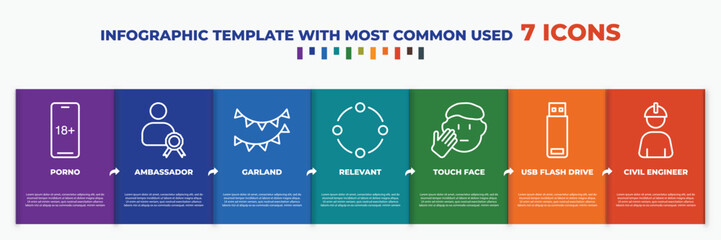 infographic template with outline icons. thin line icons such as porno, ambassador, garland, relevant, touch face, usb flash drive, civil engineer editable vector. can be used for web, mobile, info