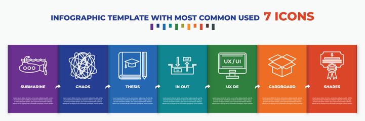 Wall Mural - infographic template with outline icons. thin line icons such as submarine, chaos, thesis, in out, ux de, cardboard, shares editable vector. can be used for web, mobile, info graph.