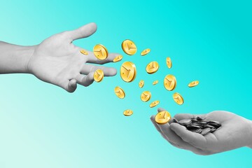 Wall Mural - Human hands with golden coins, money donation