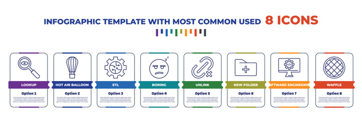 infographic template with outline icons. thin line icons such as lookup, hot air balloon, etl, boring, unlink, new folder, software engineering, waffle editable vector. can be used for web, mobile,