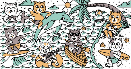 Wall Mural - A group of cute cats on the beach illustration