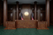 Conference Room, American Court, Judge's Seat. 3D Illustration, 3D Rendering.