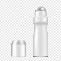 Wall Mural - Body deodorant roll-on white blank plastic bottle with open clear screw cap vector mockup. Realistic mock-up. Template for design