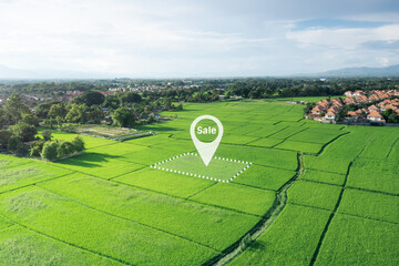 Land plot in aerial view. Real estate or property consist of empty land or green field and gps position pin point of location for development by housing construction, sale, rent, buy or investment.