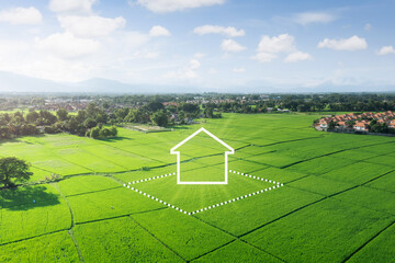 Wall Mural - Land or landscape of green field in aerial view. Include agriculture farm, icon of residential, home or house building. Real estate or property for dream concept to build, construction, sale and buy.
