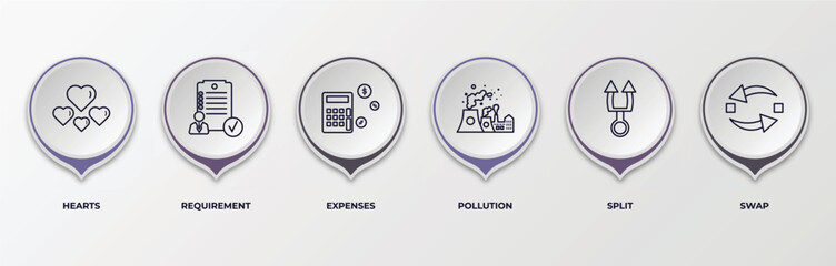 Sticker - infographic template with outline icons. thin line icons such as hearts, requirement, expenses, pollution, split, swap editable vector. can be used for web, mobile, info graph.