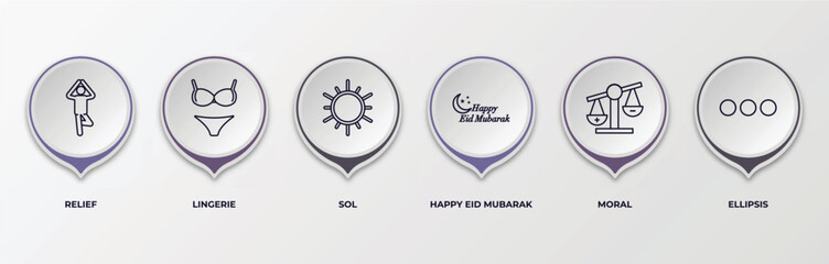 infographic template with outline icons. thin line icons such as relief, lingerie, sol, happy eid mubarak, moral, ellipsis editable vector. can be used for web, mobile, info graph.