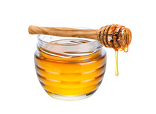 Honey Isolated On White Or Transparent Background. Jar With Honey And Honey Dipper With Drop Of Honey