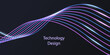 Fiber optic technology design. Swirl fibre line, electric impulses, neon glowing light effect. Purple and blue waves, dynamic movement. Cyber data communication banner background. Vector illustration