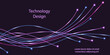 Fiber optic technology design. Swirl fibre line, electric impulses, neon glowing light effect. Purple and blue lines, dynamic movement. Cyber data communication banner background. Vector illustration