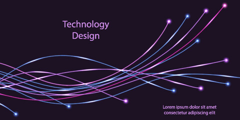 Wall Mural - Fiber optic technology design. Swirl fibre line, electric impulses, neon glowing light effect. Purple and blue lines, dynamic movement. Cyber data communication banner background. Vector illustration