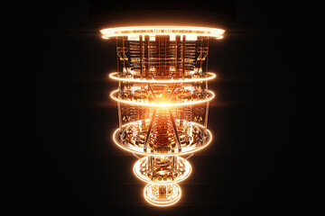 Quantum computer isolated on black. Golden gear, quantum computing, quantum cryptography, steampunk, Q bits, parallel computing. 3D illustration, 3D render.