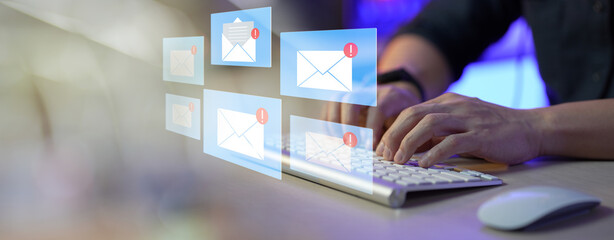 email marketing concept, company sending many e-mails or digital newsletter to customers. Mail Communication Connection message to mailing contacts phone Global Letters Concept..