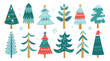 Cute Christmas trees. Cartoon funny firs with decorations. Xmas holiday garland and toys. New Year isolated symbols. Winter snowflakes. Forest coniferous plants. Garish vector festive set