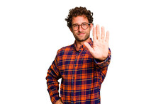 Young Caucasian Curly Hair Man Isolated Young Caucasian Man With Curly Hair Isolated Smiling Cheerful Showing Number Five With Fingers.