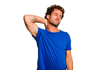 Wall Mural - Young caucasian curly hair man isolated Young caucasian man with curly hair isolated massaging elbow, suffering after a bad movement.