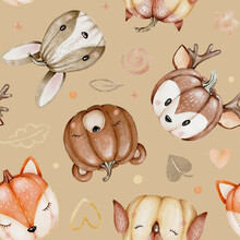 Watercolor Fall Seamless Pattern. Cute Pumpkins, Cartoon Woodland Animal Illustrations. Owl, Fox, Bear, Deer, Bunny. Kids Background For Nursery Decor, Print, Fabric, Textile, Cards, Wrapping Paper