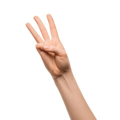 Wall Mural - A woman's hand shows three fingers on a white background