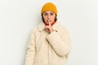 © Asier - Young Indian woman wearing winter jacket isolated on white background keeping a secret or asking for silence.