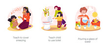Self-care Skills Development In Home-based Daycare Isolated Cartoon Vector Illustration Set