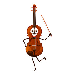 Sticker - Cartoon dancing violin character. Isolated vector fiddle musical string instrument personage. Educational class of playing classic music for kids, musician equipment with smiling face and bow in hand