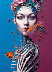 Canvas Print - female surrealistic portrait with insects and bones