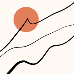 Modern abstract minimalistic geometric curve line mountains asian landscape scene print. Good for minimalist scandinavian style interior. Contemporary art digital poster. Printable scandi minimal home