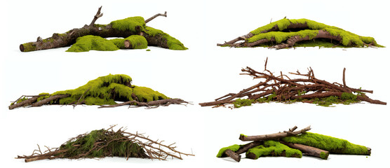 Wall Mural - overgrown branches,  collection of natural piles with moss and lichen, isolated on white background