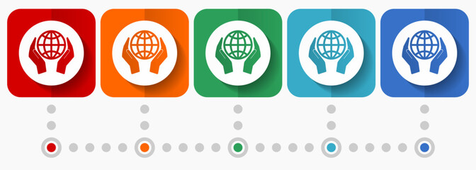 Aufkleber - World care vector icons, infographic template, set of flat design environment symbols in 5 color options