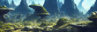 futuristic city on an alien planet, extraterrestrial buildings and spaceships in beautiful landscape, background banner