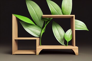 Poster - Wooden product display podium with nature leaves on pastel background. 