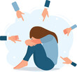 Vector flat illustration of sitting on the floor woman and many people's hands pointing finger on woman. Shaming, bulling, stressed on work concept