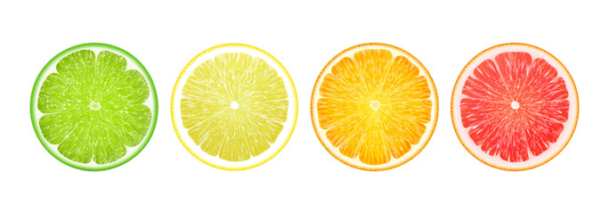 Canvas Print - Set of juicy citrus slices. Realistic 3d vector illustration. Lemon, orange, grapefruit, lime icons set. Bright colorful Isolated elements on white background. For creative designs, logos, stickers