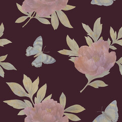  Botanical pattern in a watercolor style. Abstract floral pattern with butterflies.