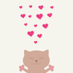 Wall Mural - Cute smiling light brown cat gives hearts. Cat kitten kitty. Happy Valentines Day. Cute cartoon kawaii funny animal character head face. Flat design. Love card. Sticker print