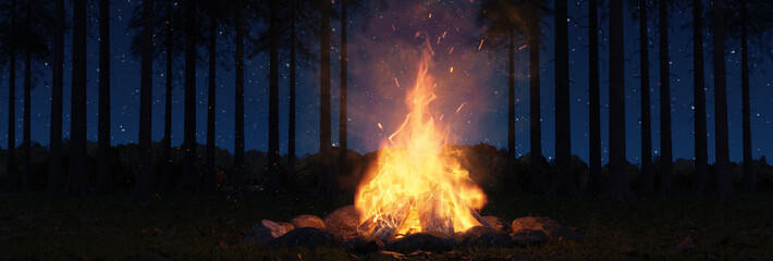 Wall Mural - 3d rendering of big bonfire with sparks and particles in front of forest