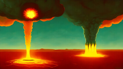 Wall Mural - atomic explosion over a city with a mushroom cloud - oil painting - illustration