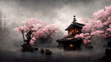 Antique Japanese temple with cherry blossom. AI created a digital art illustration