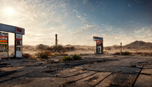 Old Highway Going Past A Abandon Rundown Gas Station In The Desert. Digital Matte Painting