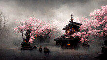 Antique Japanese Temple With Cherry Blossom. AI Created A Digital Art Illustration