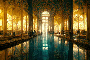 Beautiful vast fantasy Renaissance Palace Courtyard. AI created a digital art illustration