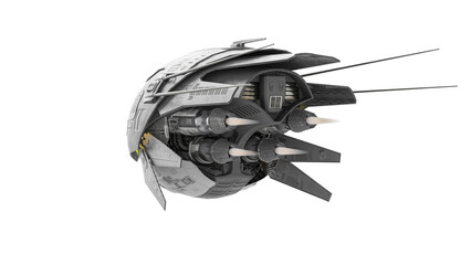 alien drone is flying and going away in white background