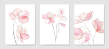 Luxury Art Background With Pink Flowers In Line Art Style. Hand Drawn Botanical Watercolor Set For Decoration, Print, Interior Design, Decor, Wallpaper, Cover, Invitations.