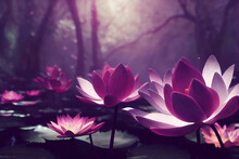 Beautiful Pink Water Lilies Flowers In Water, Blossoming Sakura Trees, Nature Background Wallpaper