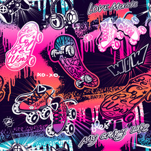 Abstract Seamless Girlish Pattern With Skateboards, Roller Skates, Headphones, Gamepad On Graffiti Grunge Neon Background With Brush Track Silhouette And Spray Paint Ink Elements. Sport Repeat Print 