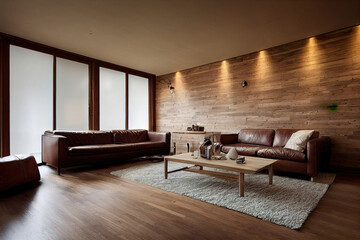 living room interior with leather sofa brown wood plank wall	