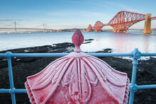 View Of The George IV Rail Bridge, Firth Of Forth Road Bridge And Queensferry Crossing Bridge Under A Blue Sky In A Cold Winter Day In South Queensferry, Edinburgh, Scotland, UK, With A Red Mail Pilla